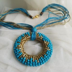 Turquoise Gold Beaded Statement Necklace Handmade NEW